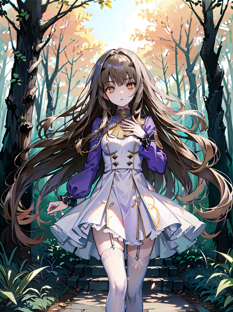 ((absurdres)), hd, uhd, (((HDR))), ((best quality)), (ultra high quality), (hi-res), ((1girl)), solo, alone, melusine, (brown eyes:1.5), slit pupils, long white hair, sidelocks, ((light purple dress)), frills, long sleeves, white thighhighs, serious expression, ((looking at viewer)), ((dynamic)), skipping, fairy forest city, outside, forest city buildings, sidewalk, trees, daytime, additional lighting, sunlight on face, noon, bright sun, forest scenery, (five fingers), windy