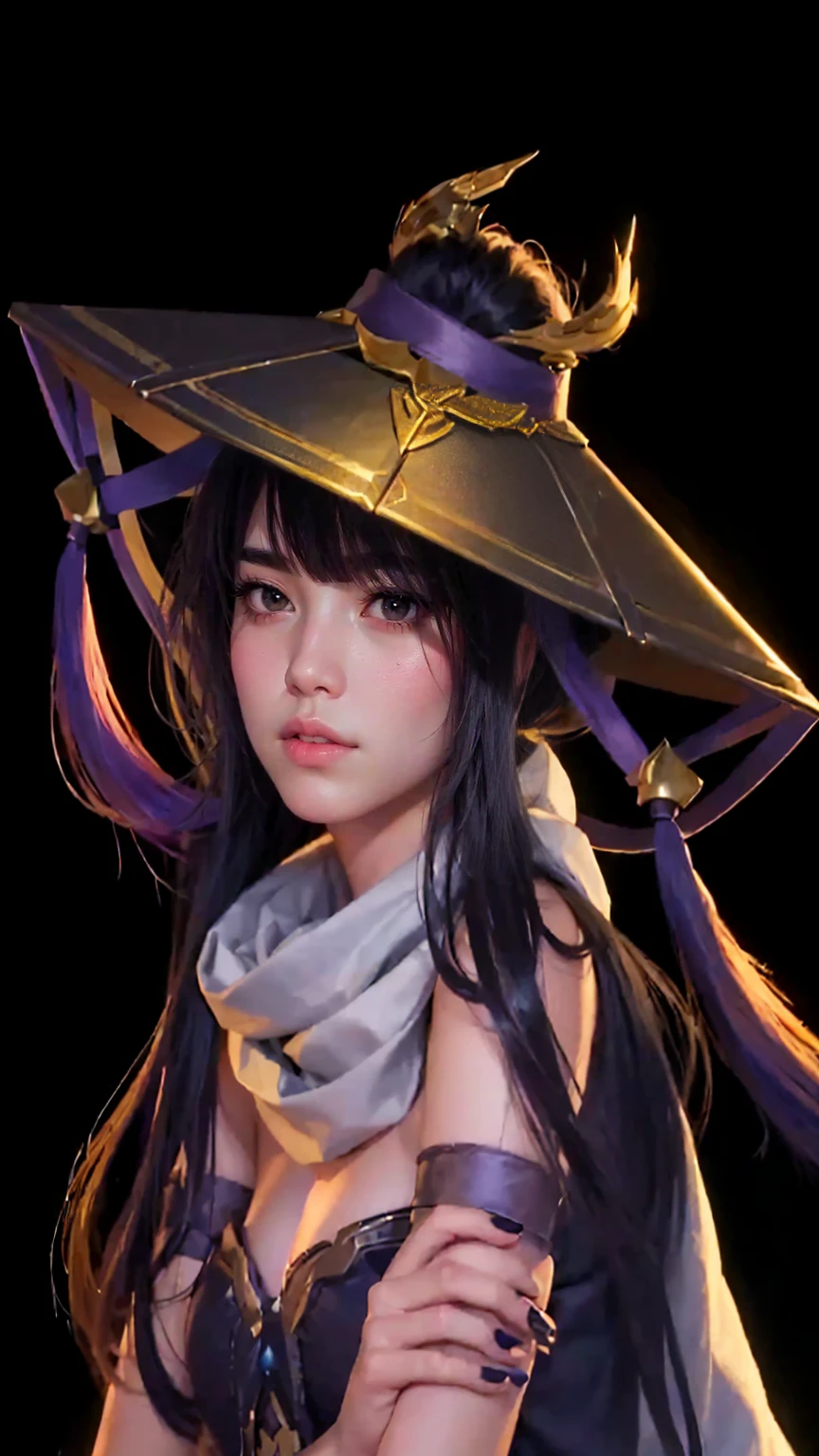 arafed woman in a hat and scarf posing for a picture, akali, irelia, akali from league of legends, zhongli from genshin impact, artwork in the style of guweiz, inspired by Li Mei-shu, from overwatch, irelia from league of legends, wizard hat cinematic lighting, fanart best artstation
