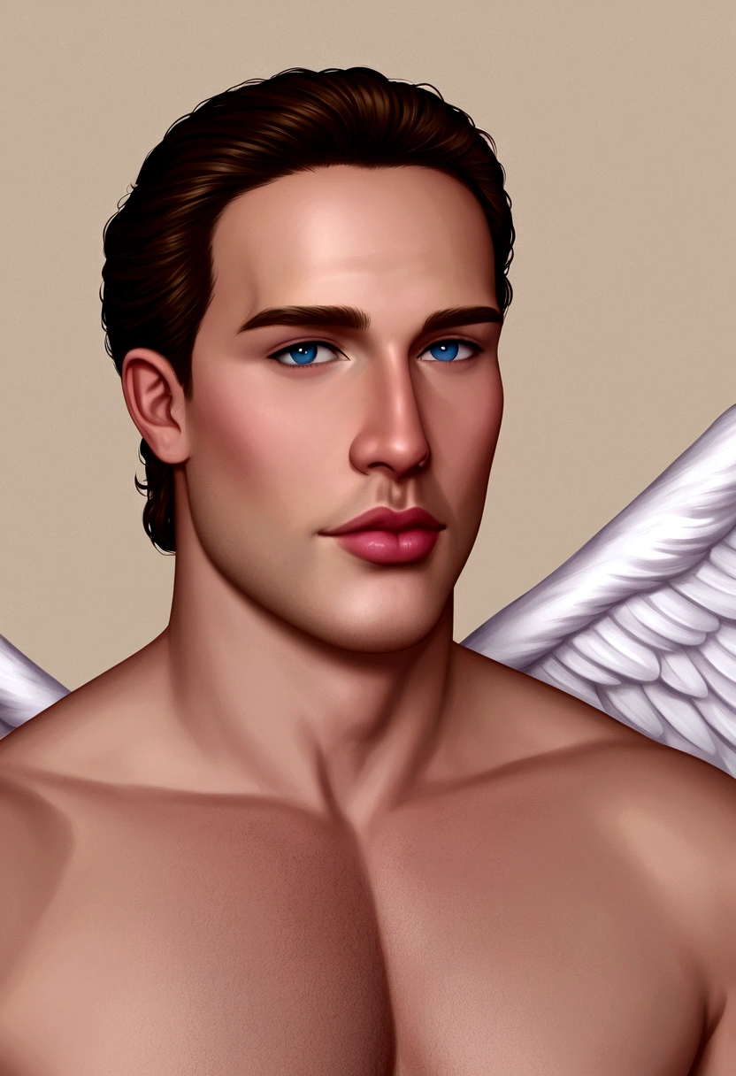 Roman Man Realistic Male Beauty Thin Nose Full Lips Chin Qyadrado Diamond. With angel wings on golden heads