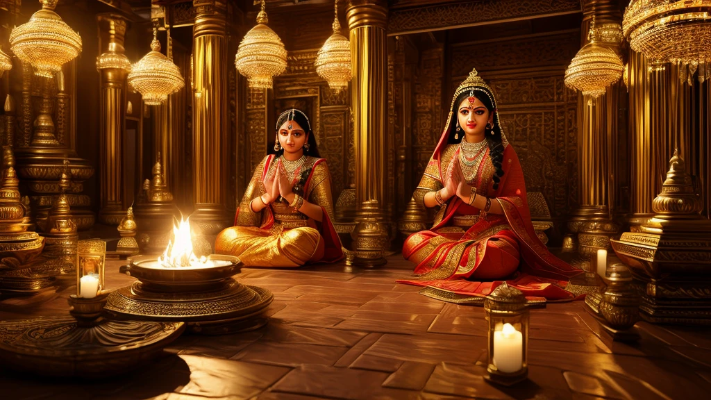 Create a hyper-realistic, 8K, surreal image of a Gujarati girl wearing traditional Gujarati clothes, praying to Goddess Amba in her home temple. The scene is set indoors, capturing the sacred and serene atmosphere of the home temple. The intricate details of the girl's attire, the ornate decorations of the temple, and the divine idol of Goddess Amba should be meticulously rendered. Use photorealistic techniques and realistic rendering to emphasize the textures, lighting, and ambiance, making the image look like a professional, high-resolution photograph. The scene should evoke a sense of devotion and cultural richness, highlighting the beauty of traditional Gujarati customs