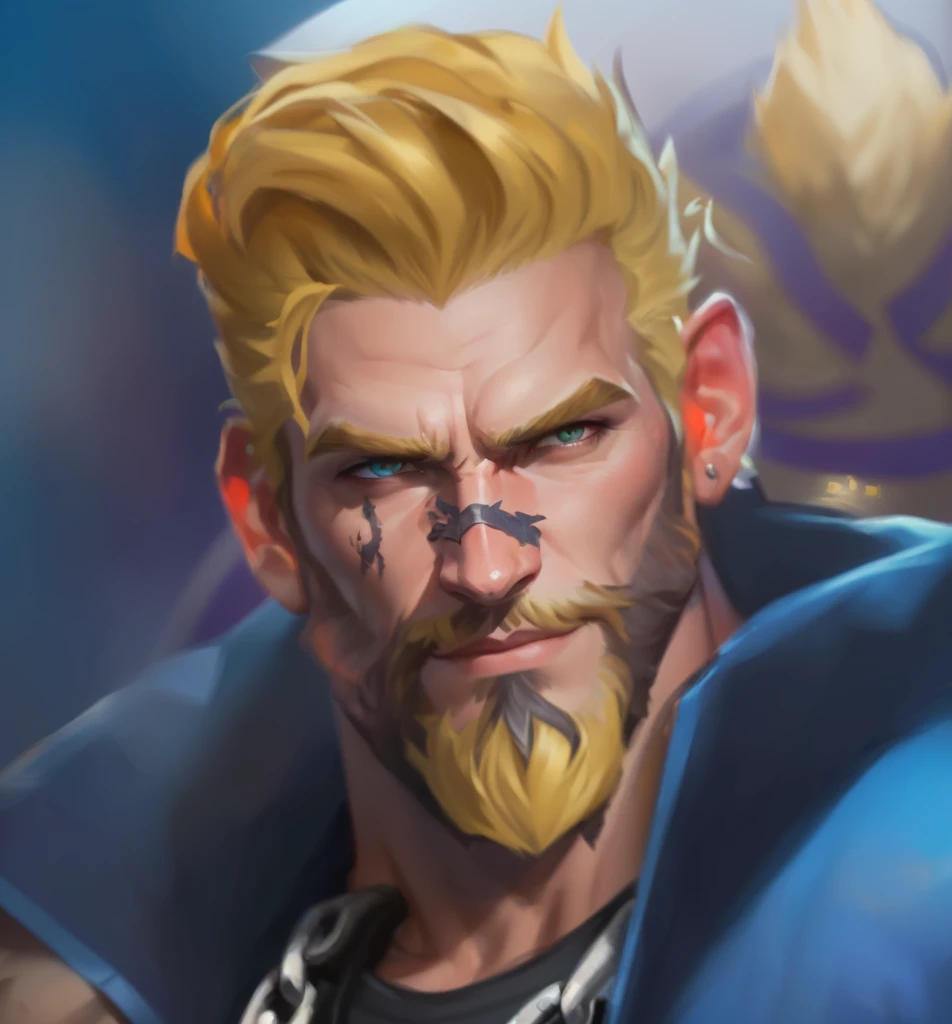 a close up of a man with a beard and a blue shirt, painted portrait of rugged zeus, portrait of junkrat, painted portrait of rugged odin, portrait of rugged zeus, a portrait of junkrat, portrait of fin wildcloak, artgrem, amazing portrait of viego, portrait of homelander, godsent, thertrevkaiser