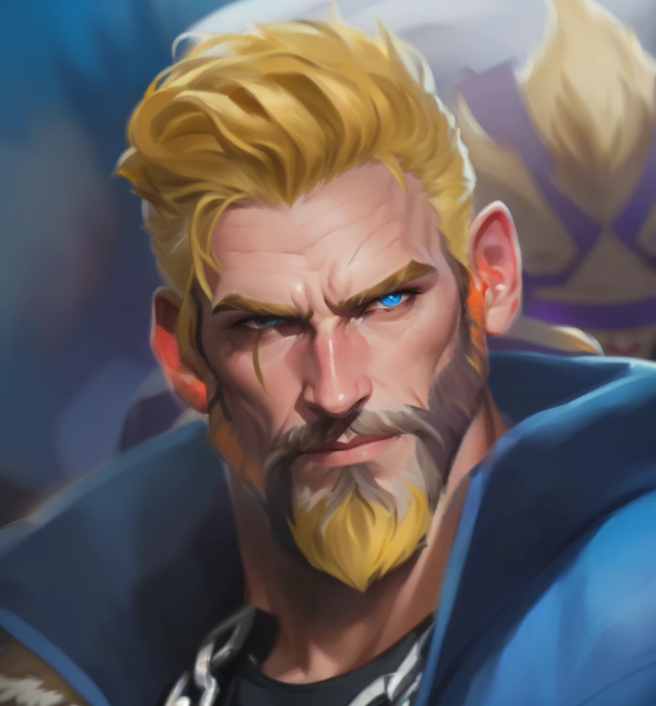 a close up of a man with a beard and a blue shirt, painted portrait of rugged zeus, portrait of junkrat, painted portrait of rugged odin, portrait of rugged zeus, a portrait of junkrat, portrait of fin wildcloak, artgrem, amazing portrait of viego, portrait of homelander, godsent, thertrevkaiser