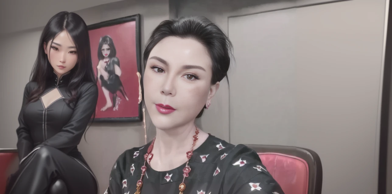 Dark-haired woman in black dress sitting on a chair, Inspired by Galen Dara, inspired by Ina Wong, soft Portrait 8k, Portrait 8k, Hint from yayoi kasuma, Sexy face with full makeup, Inspired by Shen Si Zheng, Elegant digital art, A beautiful portrait, She is facing the camera