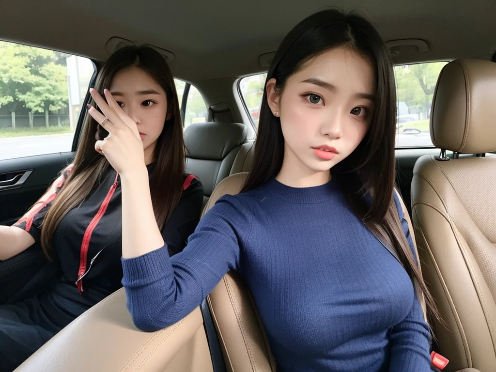 Indonesian girl 19-year-old Hairstyle Casual, F Cup Breasts wearing crewneck dress in car amd driving the car with her friend, they are scared because in front they car a thug pointed a gun at their car