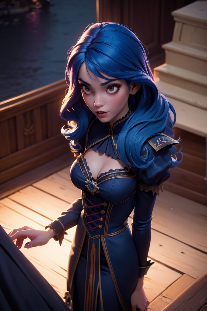 (masterpiece:1.4), (best quality:1.4), extremely detailed, intricate, hyper detailed, illustration,soft lighting, scenic, 1girl, disgust, Navy blue hair, colorful, colorized, from_above ,vampire_costume , runway