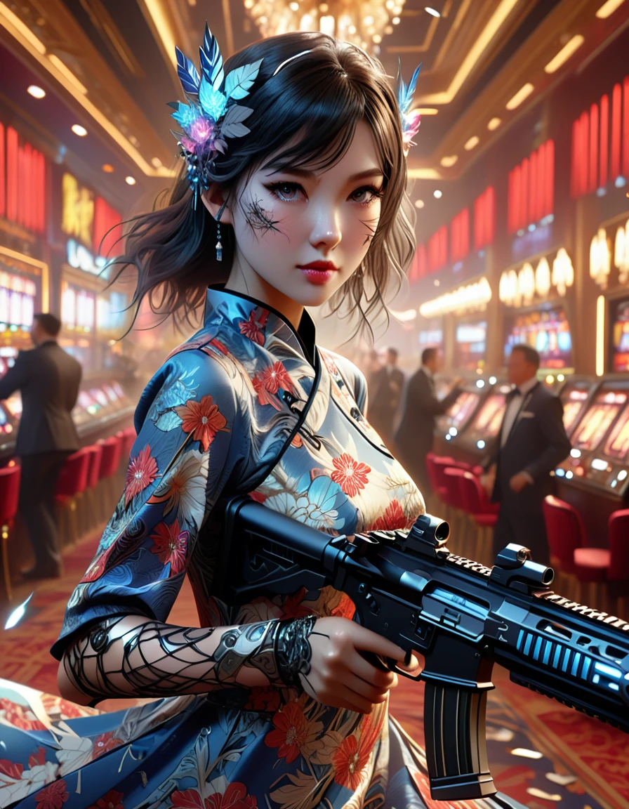 A young and beautiful woman_cyborg、A grinning expression、(China dress:1.4)、(Assault rifle fires at high speed:1.7)、(Motion Blur Effect:1.5)、Chaos inside the casino、Frenzy、is in destruction、(Highest quality、4K、8K、High resolution、masterpiece:1.2)、Super detailed、(Real、Photorealistic、Photorealistic:1.37)、Detailed facial features、Intricate dress patterns、Impressive pose、Dramatic lighting、Cinematic composition、Bright colors、dystopian atmosphere