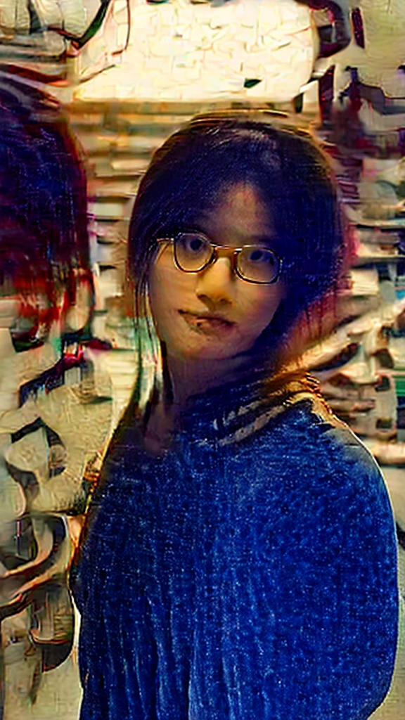 cute dark toned Chinese girl wearing glasses in jeans