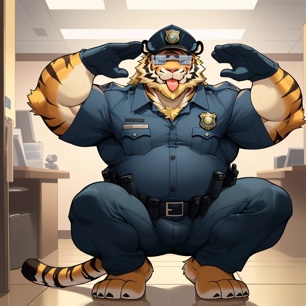 masterpiece, best quality, 8k resolution, Very detailed, hairy,(((tiger)),(((Mature))),(((beard))),(((Strong))),(((Full body golden retriever))),(((portrait))),(((Blonde hair))),(((police office))),For the audience,(((Police Uniform))),(((Squatting on the floor))),(((Tongue out))),Highest quality scene,Solitary,solitary,(((whole body))),(((Shameful))),(((Blushing))),((( VR glasses))),(((Legs apart))),(((One-handed salute))),((Fat-enclosed muscle)),(((Round face))),(((alone))),(((Strong body))),(((Hip bulge)))