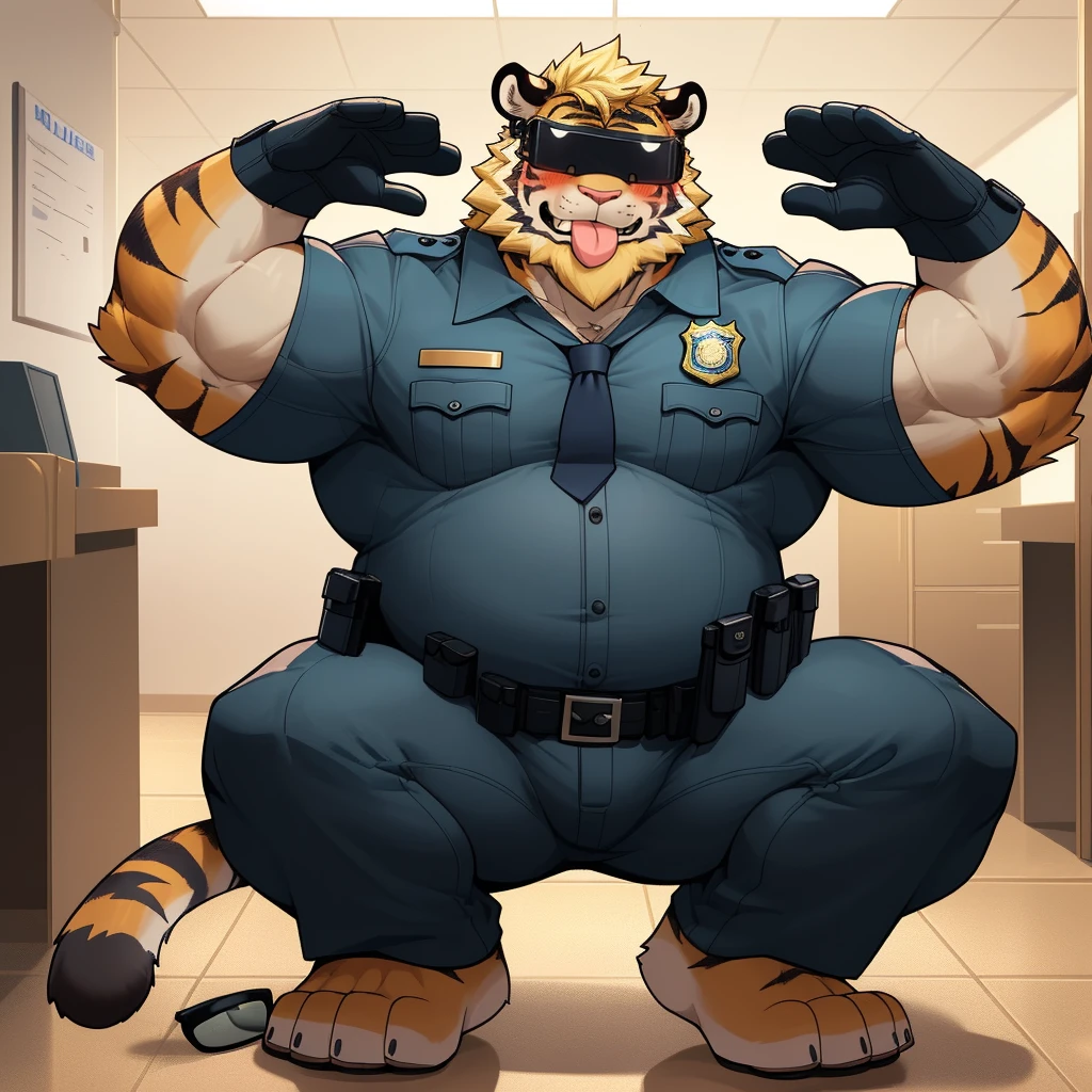 masterpiece, best quality, 8k resolution, Very detailed, hairy,(((tiger)),(((Mature))),(((beard))),(((Strong))),(((Full body golden retriever))),(((portrait))),(((Blonde hair))),(((police office))),For the audience,(((Police Uniform))),(((Squatting on the floor))),(((Tongue out))),Highest quality scene,Solitary,solitary,(((whole body))),(((Shameful))),(((Blushing))),((( VR glasses))),(((Legs apart))),(((One-handed salute))),((Fat-enclosed muscle)),(((Round face))),(((alone))),(((Strong body))),(((Hip bulge)))
