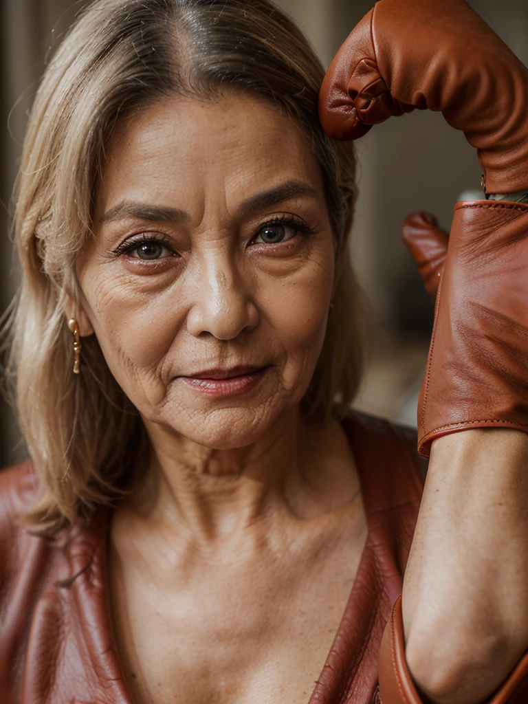 ((Best quality)), ((Masterpiece)), (4k details), (((Old Asian woman))),(((The organs are complete and not distorted. , (((Madame, old very))), (((old and withered))), ((70 year old woman)), (((70 year old woman))), ((70 year old woman)), short hair with bangs, large breasts. , outer cheongsam wearing a corset, red lipstick, eyes looking into the camera, red leather gloves,   
