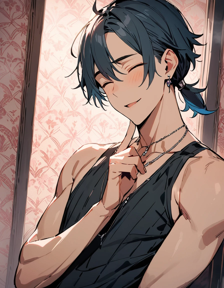 ((((best masterpiece, best quality, wallpaper,)))) solo, guy, male body, small muscles, flat chest, 1male, 30 years old, handsome man, dramatic angle, upper body, looking at viewers, beautiful detailed, finger to mouth, mediumturquoise hair, ((((Lower short ponytail)))), asymmetrical bangs, ((short hair,)) seductive smile, ((((closed eyes, ^o^, tareme, droopy eyes,))) perfect face, sharp nose, seductive smile, clear face, black turtleneck, grey cardigan, ((silver earrings, silver necklace,)) leggings, lighting back, backlighting, pink background color ultrasharp, 8K, masterpiece,