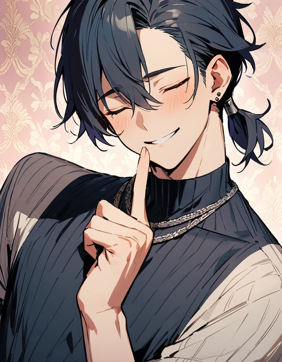 ((((best masterpiece, best quality, wallpaper,)))) solo, guy, male body, small muscles, flat chest, 1male, 30 years old, handsome man,  dramatic angle, upper body, looking at viewers,  beautiful detailed, finger to mouth, mediumturquoise hair, ((((Lower short ponytail)))), asymmetrical bangs, ((short hair,)) seductive smile, ((((closed eyes, ^o^, tareme, droopy eyes,))) perfect face, sharp nose, seductive smile, clear face, black turtleneck, grey cardigan, ((silver earrings, silver necklace,)) leggings, lighting back, backlighting, pink background color ultrasharp, 8K, masterpiece, 