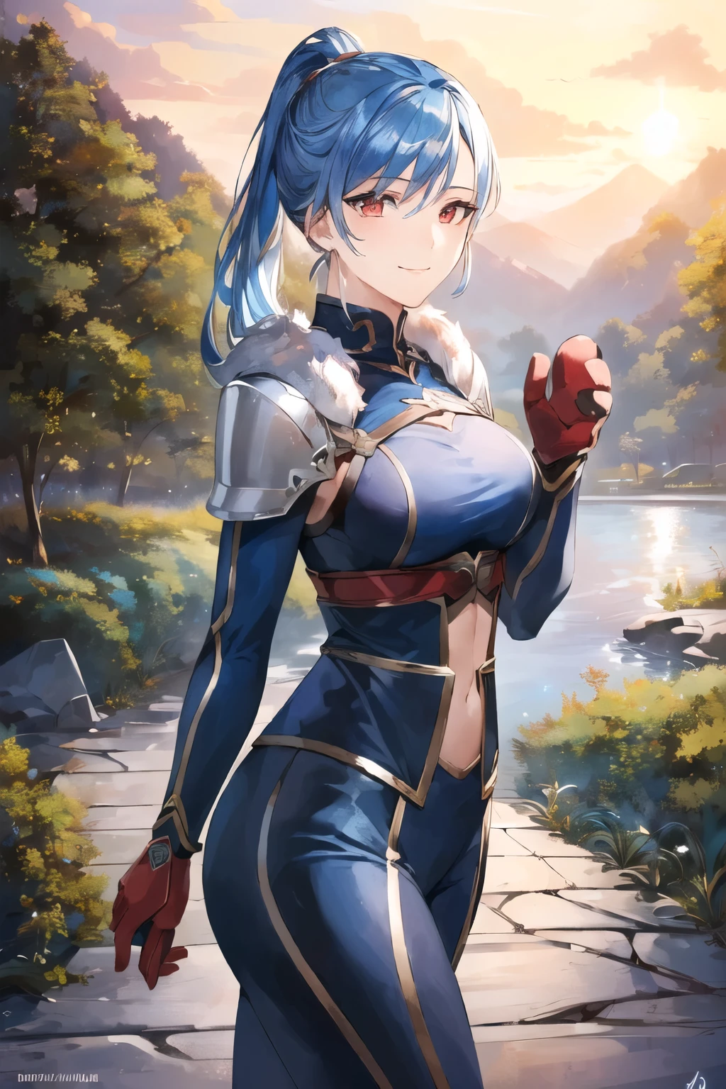 ((Masterpiece)), ((Best Quality)), (Ultra-detailed), absurdress, extremely detailed CG unity 8k wallpaper, official arts, Accurate description of shapes, beatiful face, Detailed hands, expressive eyes, upper-body, looking a viewer, solo, (Realistic), a closeup of a, (Standing, Hand on the side, Smile:1.2), (woods, scenery, illustartion, Dramatic light:1.1), (1girl, mature female, Average Breasts, Blue hair, Long hair, low ponytail, red eyes:1.4), (blue shirt, Waist fowl, Blue Leggings, pauldrons, Mittens, fur-trim:1.3), with Chulynn \(fate/prototype\), ,((Masterpiece)), absurdress, HDR,, spear gae bolg