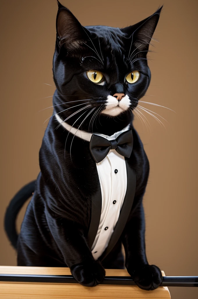 Create an image of a cat with a black hat with a katana horizontally that has katanas between the index and middle fingers that has a tuxedo and has no eyes that has no lips and is showing its teeth