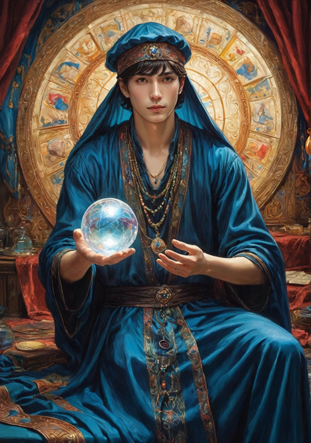 A fortune teller with a charming, beautiful and mysterious atmosphere. The fortuneteller wears a blue cloak and has a good-looking, well-formed face. The atmosphere is bright and shimmering, with an air of uncertainty and anticipation. The fortuneteller is standing and looking at you, tarot cards are around him, and he is holding a crystal ball in one hand. The lighting of the room is bright, enhancing the mysterious atmosphere. Highest quality, resolution 4k or 8k. The level of detail should be highly detailed and realistic, almost close to photorealism. Artistic style should reflect the official aesthetic, with vibrant colors and strong contrasts. Color tones should emphasize the mysterious and mystical theme of the artwork. The fortune teller's cloak is decorated with intricate designs, employing metallic borders with a thickness ratio of 1.5. The atmosphere is magical, resembling a star-filled night sky. The expression of the fortune teller should convey mystery and interest. 