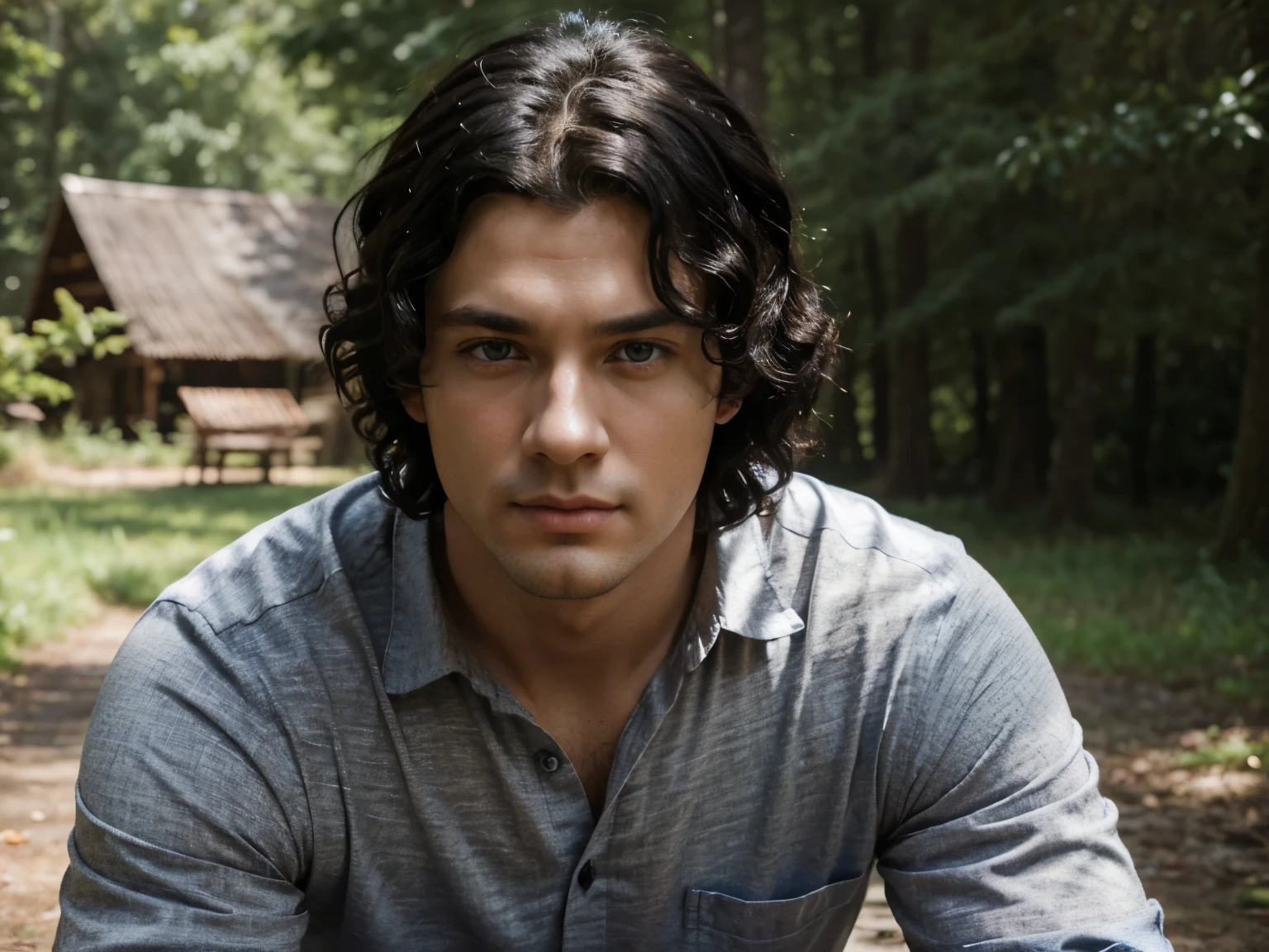 There is a young man with a handsome face and curly black hair and big blue eyes in a sunny forest, a thoughtful attentive expression on a handsome face, full-length, dressed in a simple gray shirt and old-style pants