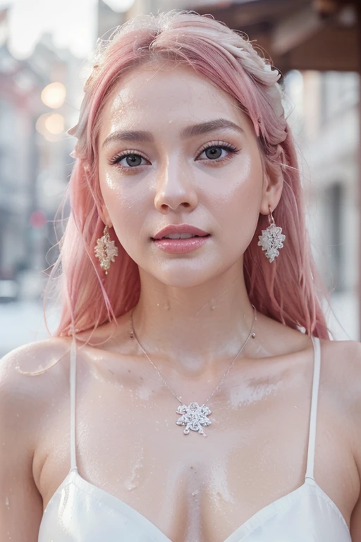 1 girl, Korean model, extremely beautiful, perfect body. Photo taken with Canon EOS R5 85mm f/11 Camera, ((sharp)) mode of people and surrounding scenery. Image quality ((8K)), ((lifelike)), ((masterpiece)), ((sharp and highest contrast)), ((great depth of field)), ((light stereolithography)). ((Pink hair)), long and smooth, the wind blows it beautifully under the bright sunlight. Beautiful face, perfect and sexy, holy, perfectly balanced, ((beautiful in every detail)), ((shiny)), ((high-end cosmetic makeup)), ((shiny bright, radiant)). Bright smile, pure white teeth and details. Seductive glossy red lips, ((brilliant glossy red lipstick)). The eyes are brown, glossy, seductive, ((sharp makeup)), realistic, ((wet eyes)) and detailed. Pink eyeshadow, long eyelashes, blush, high-end cosmetics. Two delicate eyelids, perfectly beautiful and detailed, black eyelashes. Eyebrows are curved, sparse, sharp and detailed. High and detailed nose. Cheeks are prominent and detailed. ((Ivory white, bright white skin)), detailed pores, ((shiny skin)), smooth, rosy, flawless skin texture. Long, shiny legs. Beautiful, perfect hands, ((no flaws)). ((Light shines directly on the face)), bright sunlight, ((shines light on the front part of the girl's body)).
Earrings, necklace, belt, ((thin shirt)), ((shiny leather skirt)), high heels, bracelets.
Girl standing on the street, ((white snow)), cold wind, icy, cold, numb, ((frozen)), snowflakes, lonely, magical, dreamy, waiting, ( (hope)), handle ((an ancient spear)).