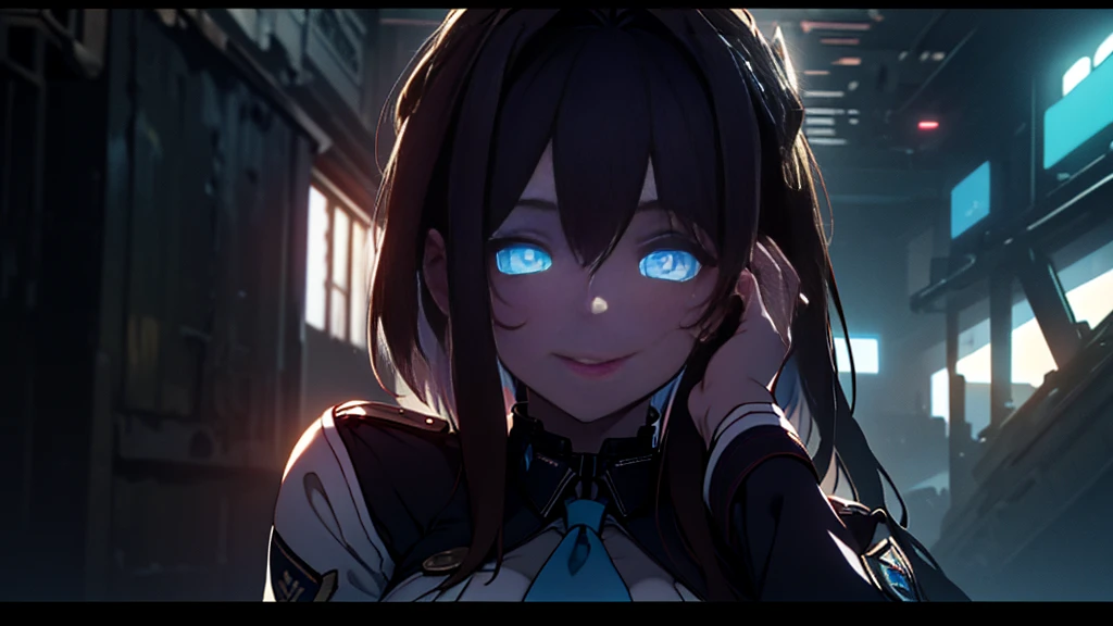 ((Best quality)), ((masterpiece)), (detailed:1.4), 3D, an image of a beautiful cyberpunk female, Yandere , Yandere Face , Trance , Trance Eyes , yameroyandere , constricted pupils , yandere , empty eyes . shaded face , crazy eyes , glowing brown eyes , crazy smile , Marian , tied hair, long brown hair , White Military Uniform , Brown Eyes, Blue Barret, Blue Necktie ,Blue Ribbon , White undercloth, large breasts, HDR (High Dynamic Range),Ray Tracing,NVIDIA RTX,Super-Resolution,Unreal 5,Subsurface scattering,PBR Texturing,Post-processing,Anisotropic Filtering,Depth-of-field,Maximum clarity and sharpness,Multi-layered textures,Albedo and Specular maps,Surface shading,Accurate simulation of light-material interaction,Perfect proportions,Octane Render,Two-tone lighting,Wide aperture,Low ISO,White balance,Rule of thirds,8K RAW,