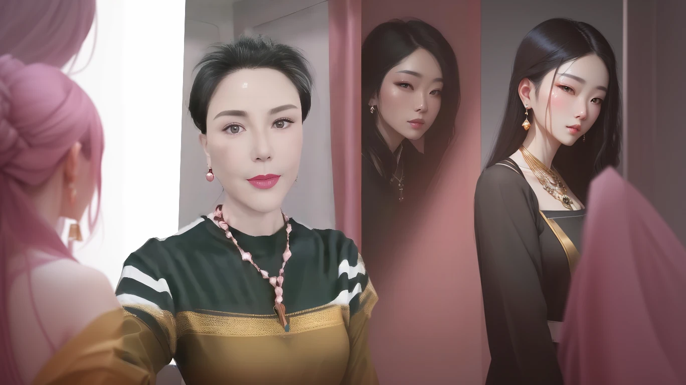 A lady wearing a necklace and earrings stands in front of a mirror, Inspired by Shen Si Zheng, inspired by Yanjun Cheng, Elegant digital art, Portrait of a Korean female idol, By Zheng Xuan (Jeong Seon) of inspiration, 受到王毅of inspiration, Inspired by Yin Dourui, Inspired by Wang Meng, Inspired by Wang Lu