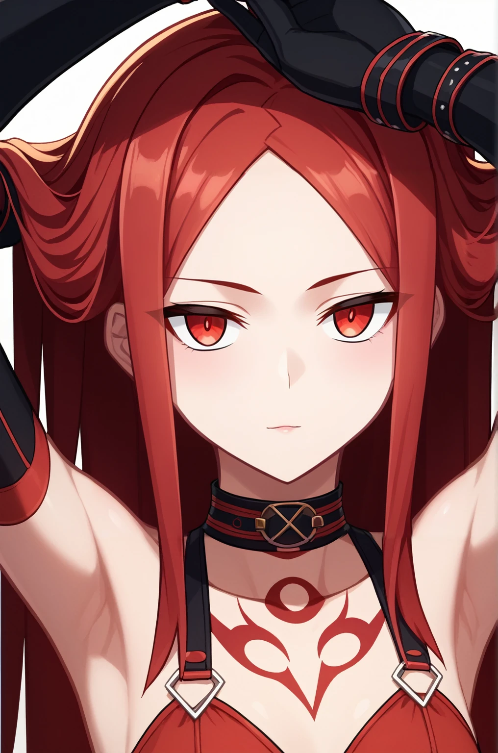 score_9, score_8_up, score_7_up, source_anime, rating_safe, intricate details, anime screencap, official style, Elesis, red hair, long hair, red eyes, gloves, choker, collarbone, bare shoulders, red vest, black elbow gloves, looking at viewer, expressionless, upper body, parted lips, hands on hair, armpits, arms up, bedroom, frontal view, from above, Naughty tattoos, Wearing a dog collar