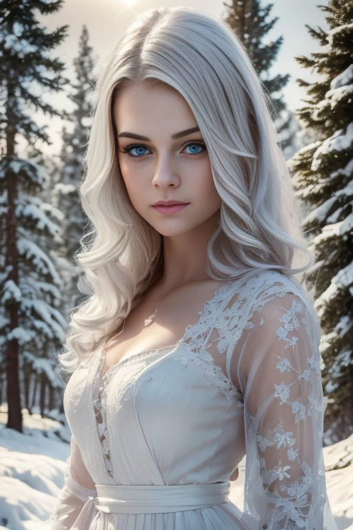 a beautiful young woman, white hair, blue eyes, pale skin, detailed facial features, long eyelashes, serene expression, wearing a white dress, standing in a snowy winter landscape, pine trees, snowfall, overcast sky, natural lighting, cinematic composition, muted color palette, ethereal, magical, (best quality,4k,8k,highres,masterpiece:1.2),ultra-detailed,(realistic,photorealistic,photo-realistic:1.37)