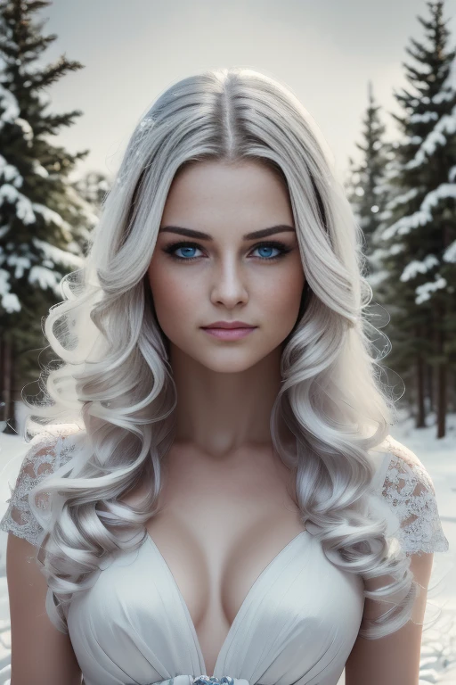 a beautiful young woman, white hair, blue eyes, pale skin, detailed facial features, long eyelashes, serene expression, wearing a white dress, standing in a snowy winter landscape, pine trees, snowfall, overcast sky, natural lighting, cinematic composition, muted color palette, ethereal, magical, (best quality,4k,8k,highres,masterpiece:1.2),ultra-detailed,(realistic,photorealistic,photo-realistic:1.37)