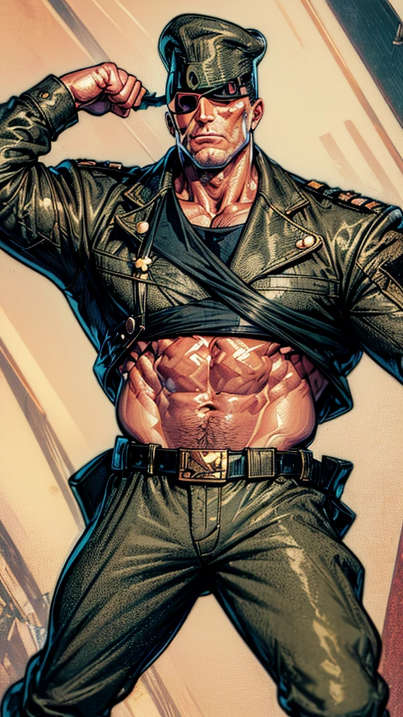 (masterpiece, highest quality, ultra high res, ultra detailed:1.3), 1 man, 50yo, military cap, (eyepatch:1.5), camouflage military uniform, tall, muscular, slender, creeping forward from blanket, on stomach, lying, 