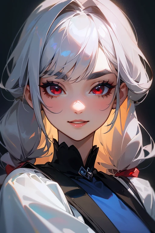(Highest quality, masterpiece:1.2), High resolution, 最高masterpiece、Very detailed, Realistic:1.37, Fantasy, An illustration,Gray Hair、 Red eyes、Queen, Navy and blue dress、beautifully、Eyeshadow Red、Thick eyebrows、Long eyelashes、pupils are black、shiny on the lips、Top Sites、Queen、Princess、A kind smile、Show your teeth a little and smile、Soft impression、people々々々々々々々々Loved by、Slimming the face、Shoulder Bare、Sexy braids、Kissing Face、Long white hair、Shaggy Bangs、Save face image、royal palace、