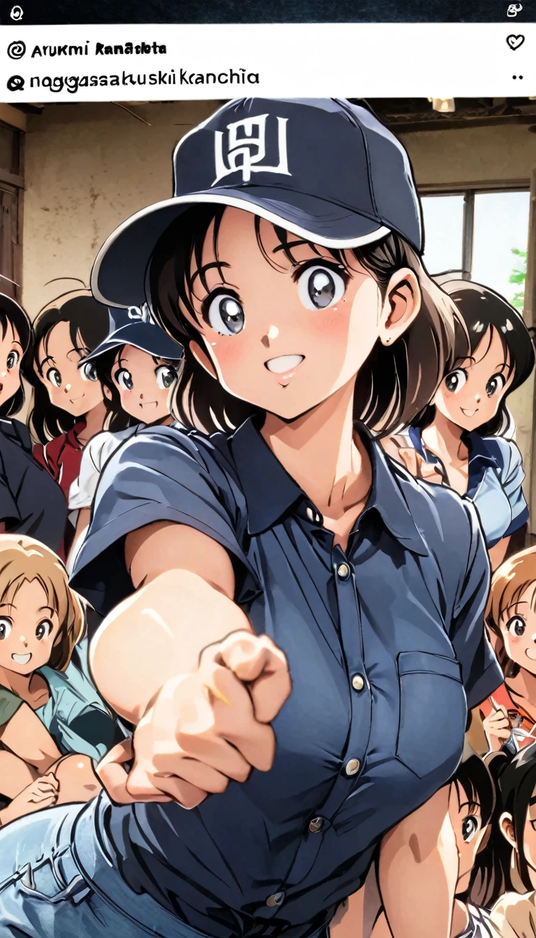 
a woman in a denim shirt and hat posing for a picture, a picture by Nagasawa Rosetsu, instagram, shin hanga, ayaka, wearing a cute hat, wearing baseball cap, narumi kakinouchi, chiho, yukii morita, wearing a baseball cap, sui ishida, aoi ogata, tsutomo nihie