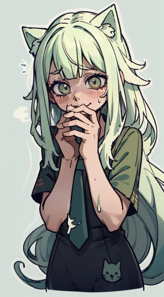 shy, scared, baggy eyes, light green background, cat smile , change , very long hair ,detailed hands ,light green hair color, blushing, sweat, drops , flushed