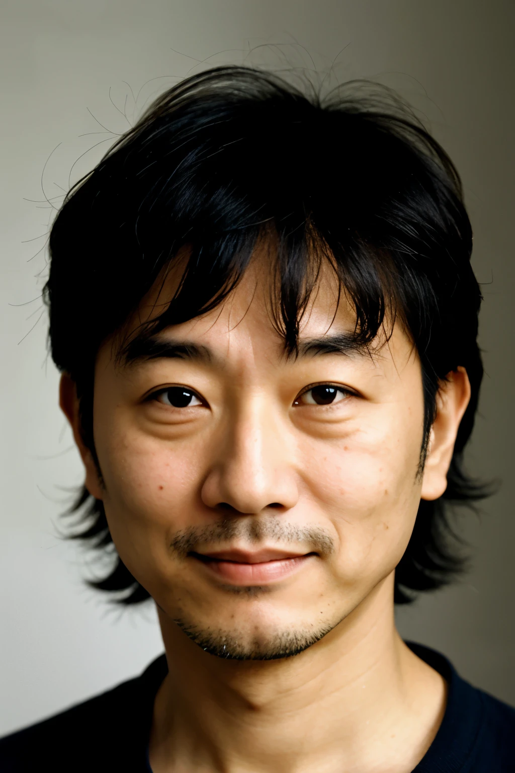 Portrait of architect Toyo Ito with soft waves and figures on his face in minimalist and modern style