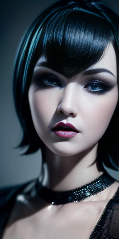 Closeup of mavis dracula, extraordinary beauty and very detailed, blue eyes white skin short bob hair with bangs and eyeliner, gothic makeup thick lips,solo face high resolution levels 12k image 1.2 high resolution 