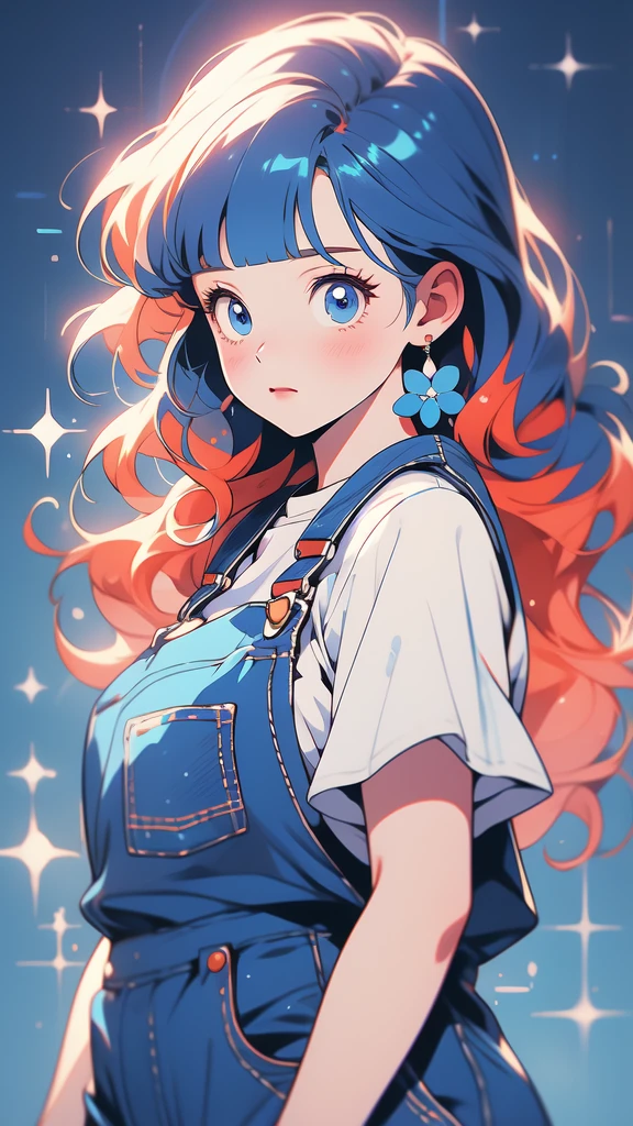 Big fat girl wearing a blue sundress, tight, simple anime style
Woman. Flower drawing on sequin overalls. Glossy white lips with sequins. Blunt bangs, red hair, long hair, blue eyes, solo,