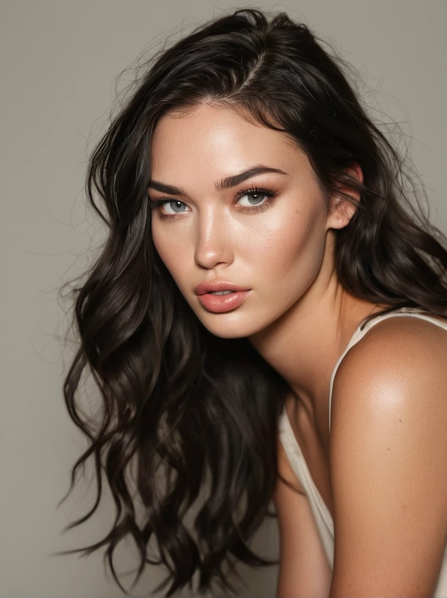 a realistic instagram photo of a [ really beautiful exotic androgynous supermodel 19 year old woman] , with [long, dark hair, short beachy waves hair style ] , looks like [Megan FOX] and [Adriana Lima], light makeup, looking [innocent, cute, flushed] , neutral background [light] skin --ar 9:16 --stylize 750 --v 6