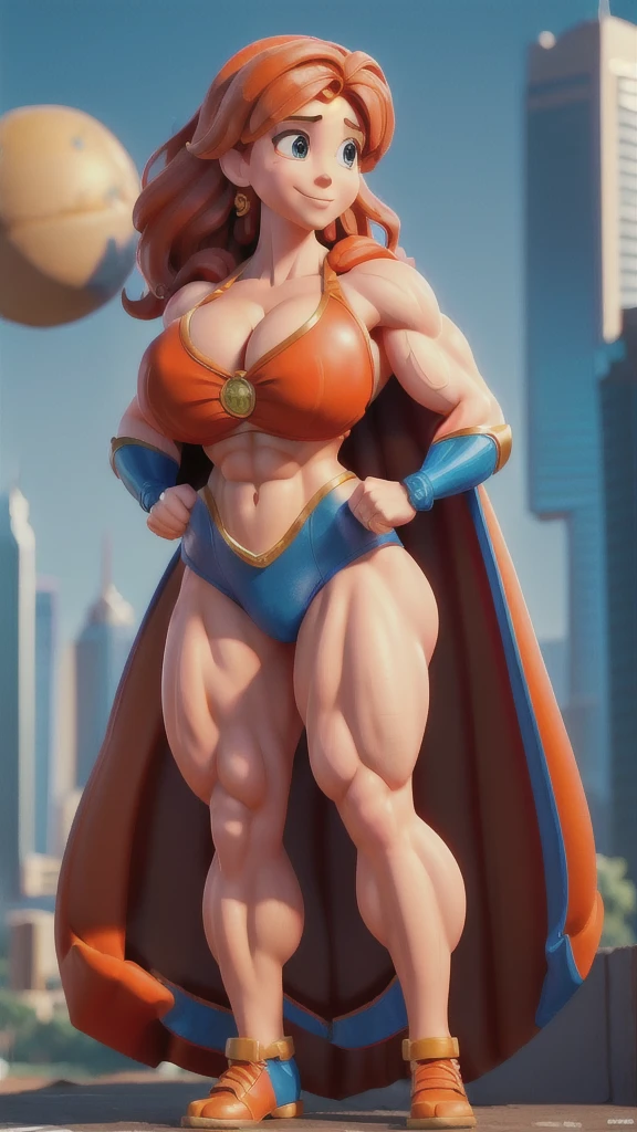 (Busty bodybuilder muscle beautiful Amouranth), huge strong biceps muscles, huge round chest muscles volume, strong muscle legs, strong tonned 6 pack, enormous breasts volume, bodybuilder muscles built bursting in strength, exposed abs skin, slight smile, hard nipples, huge cameltoe, city background, tight blue superheroine costume and orange cape
