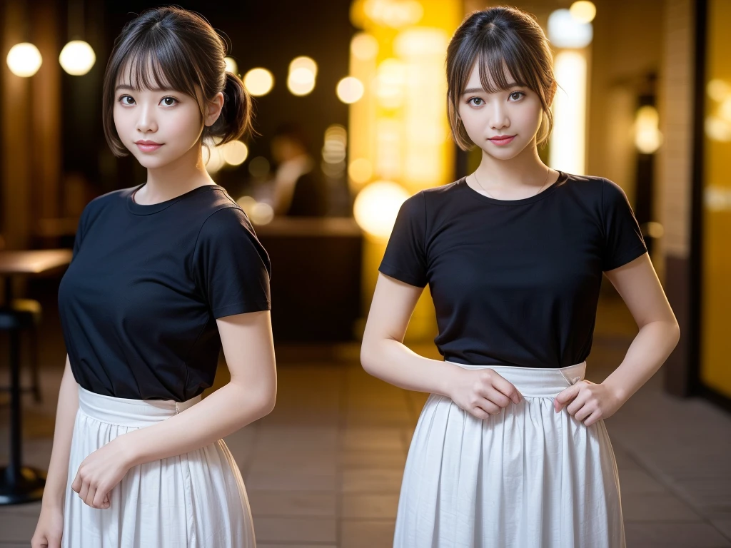 (Highest quality, masterpiece, Ultra-high resolution, 8K, RAW Photos, Realistic, Anatomically correct:1.5), (Stainless steel round bar fence:1.0, Put your elbow on the fence:1.2, high school girl、20-year-old girl:1.2, Embarrassing, avert your eyes, blush:1.0, View Viewer, ((bar)) 、Night view、 Light:1.2, Bokeh, Cinema Lighting:1.0, Depth of written boundary, sharp、 Cute face、Idol、Black short sleeve lace top、Black pleated skirt、Black clothing、”dwarf”、(Floral clothes)、Full Body Shot、Cowboy Shot、 smile、(Ultra short hair、Short ponytail)、(Straight bangs)、((See-through))、