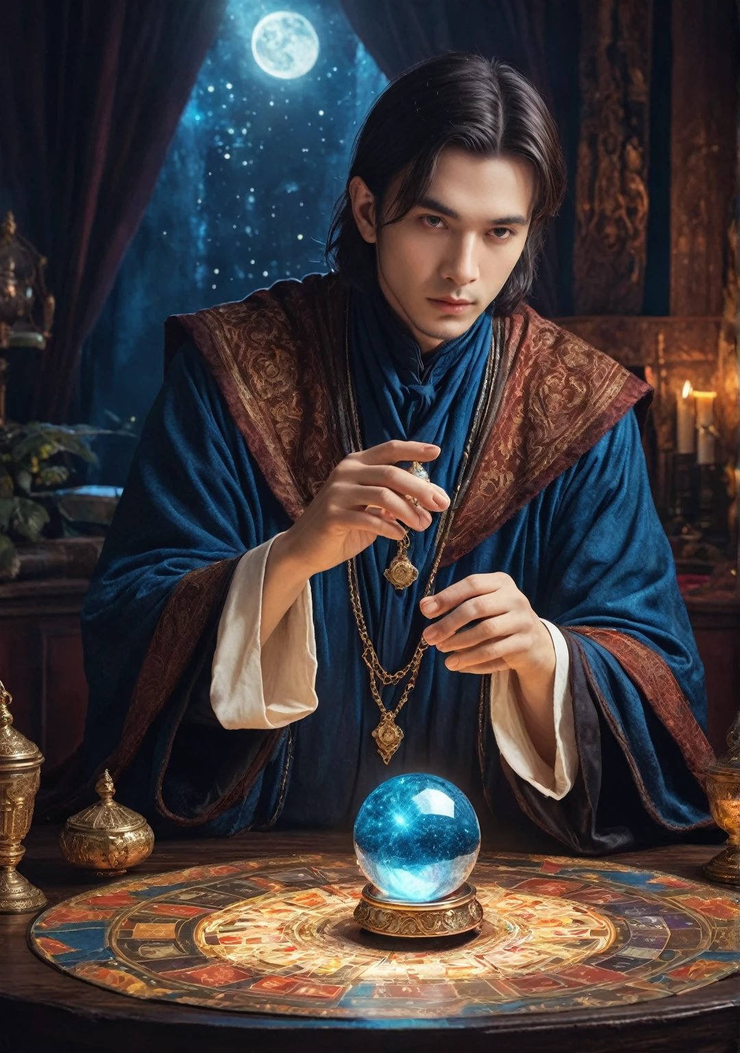 A fortune teller with a charming, beautiful and mysterious atmosphere. The fortuneteller wears a blue cloak and has a good-looking, well-formed face. The atmosphere is bright and shimmering, with an air of uncertainty and anticipation. The fortuneteller is standing and looking at you, tarot cards are around him, and he is holding a crystal ball in one hand. The lighting of the room is bright, enhancing the mysterious atmosphere. Highest quality, resolution 4k or 8k. The level of detail should be highly detailed and realistic, almost close to photorealism. Artistic style should reflect the official aesthetic, with vibrant colors and strong contrasts. Color tones should emphasize the mysterious and mystical theme of the artwork. The fortune teller's cloak is decorated with intricate designs, employing metallic borders with a thickness ratio of 1.5. The atmosphere is magical, resembling a star-filled night sky. The expression of the fortune teller should convey mystery and interest.