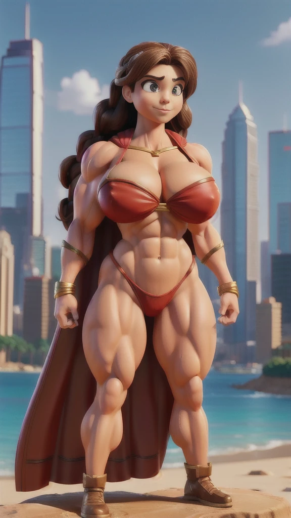 (Busty bodybuilder muscle beautiful woman), huge strong biceps muscles, huge round chest muscles volume, strong muscle legs, strong tonned 6 pack, enormous breasts volume, bodybuilder muscles built bursting in strength, exposed abs skin, slight smile, hard nipples, huge cameltoe, city background, tight superheroine costume and cape, brunette braid