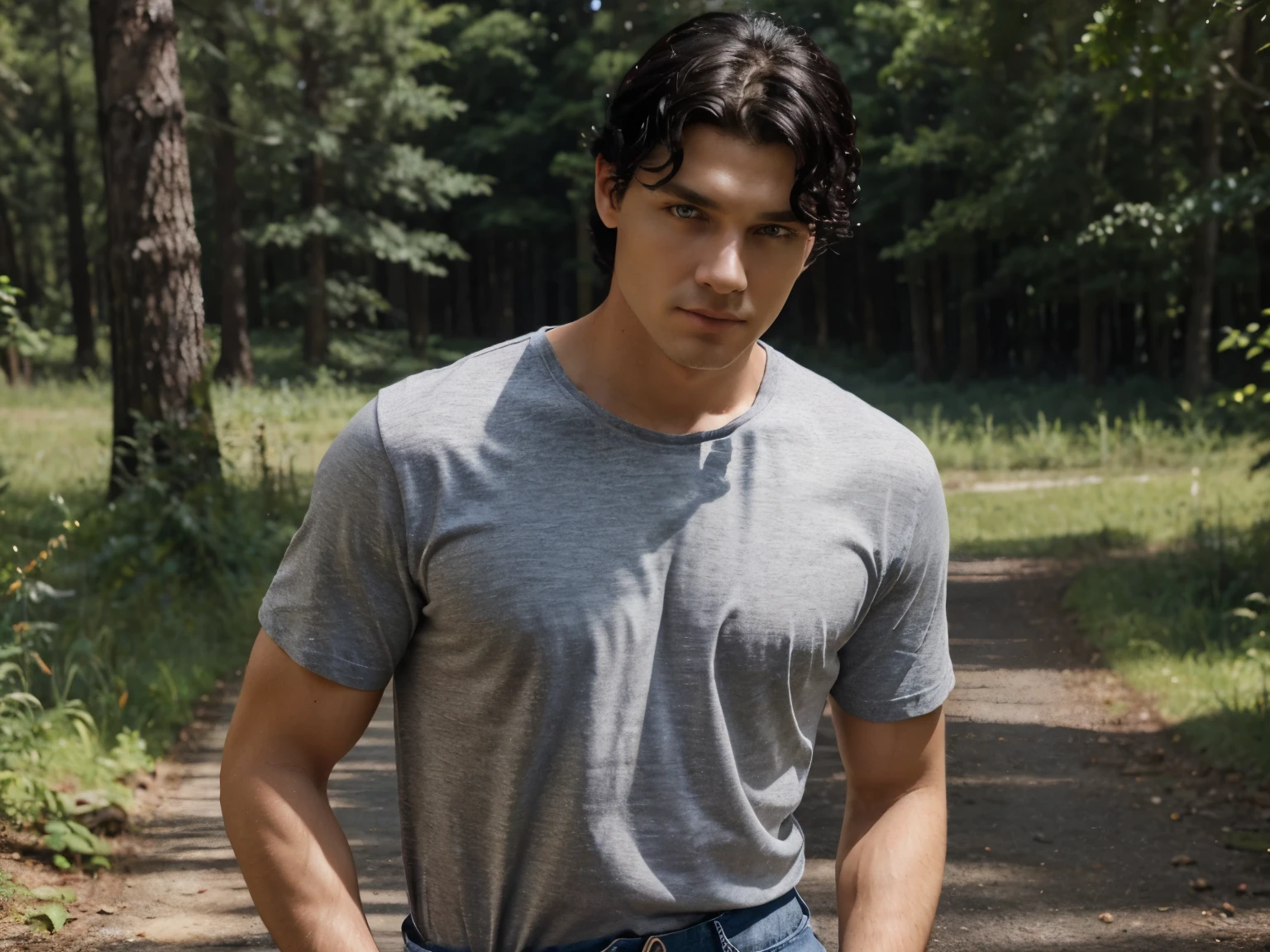 There is a young man with a handsome face and curly black hair and big blue eyes in a sunny forest, a thoughtful attentive expression on a handsome face, full-length, dressed in a simple gray shirt and old-style pants