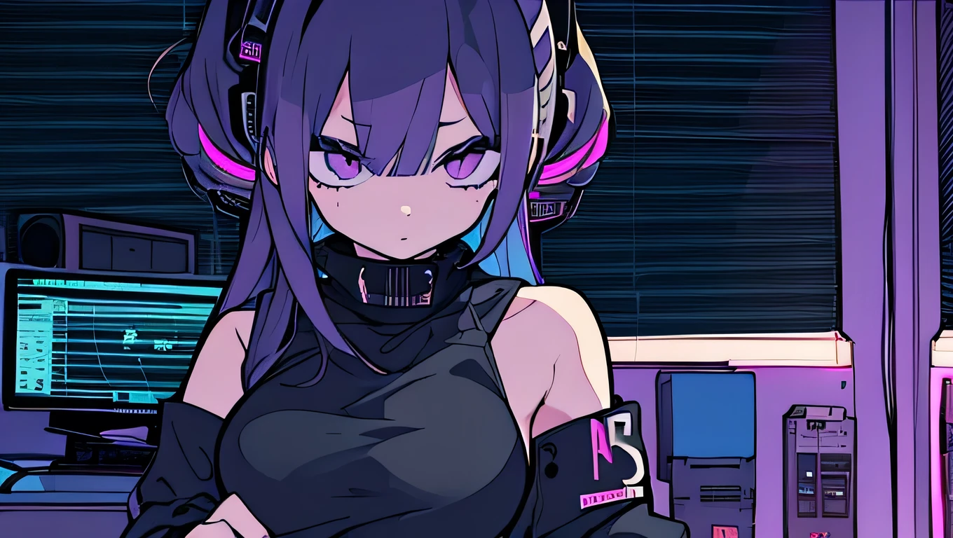 Best quality, (masterpiece:1.2), best detail face,1 girl, big breasts, 18 yo, 8k,absurdres,unity 8k wall paper,(extremely detailed:1.3), highest realistic, (retro headphones:1.1), (soft neon light:1.1), (floating hair:1.2), (psychedelic:1.2), Her room full of music equipment and plants, Leaning back on the chair with a casual attitude, Light clothing in summer, dark grey color palette purple hair