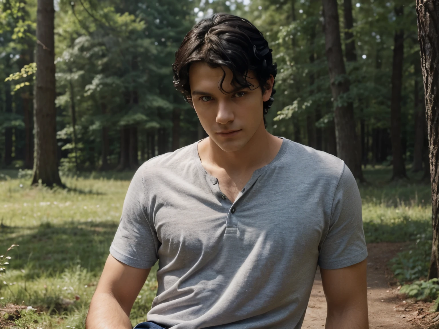 There is a young man with a handsome face and curly black hair and big blue eyes in a sunny forest, a thoughtful attentive expression on a handsome face, full-length, dressed in a simple gray shirt and old-style pants