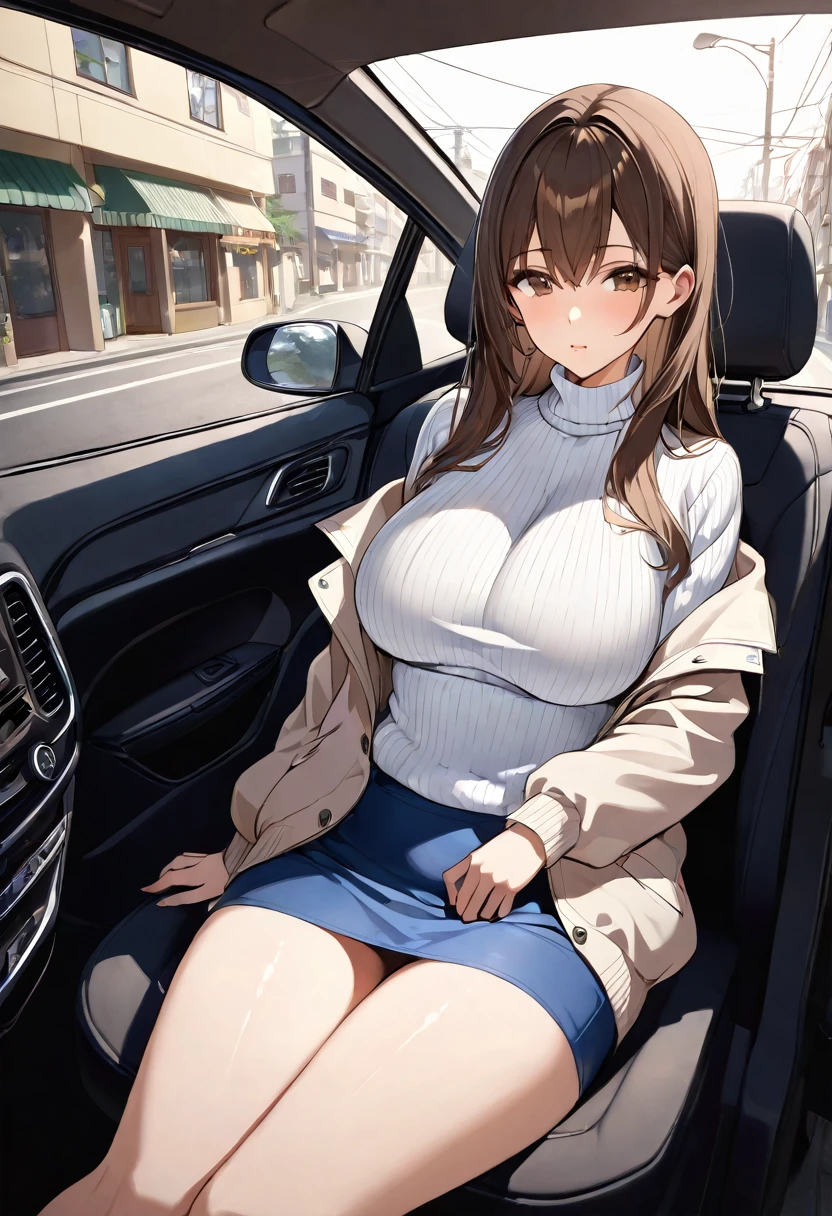 1 female, height 155cm, bust 90cm, waist 56cm, hips 85cm, H cup, 23 years old, baby face, brown hair, semi-long hair, white turtleneck sweater, light jacket, denim mini skirt Inside car, sitting in driver seat, street light, looking down angle
