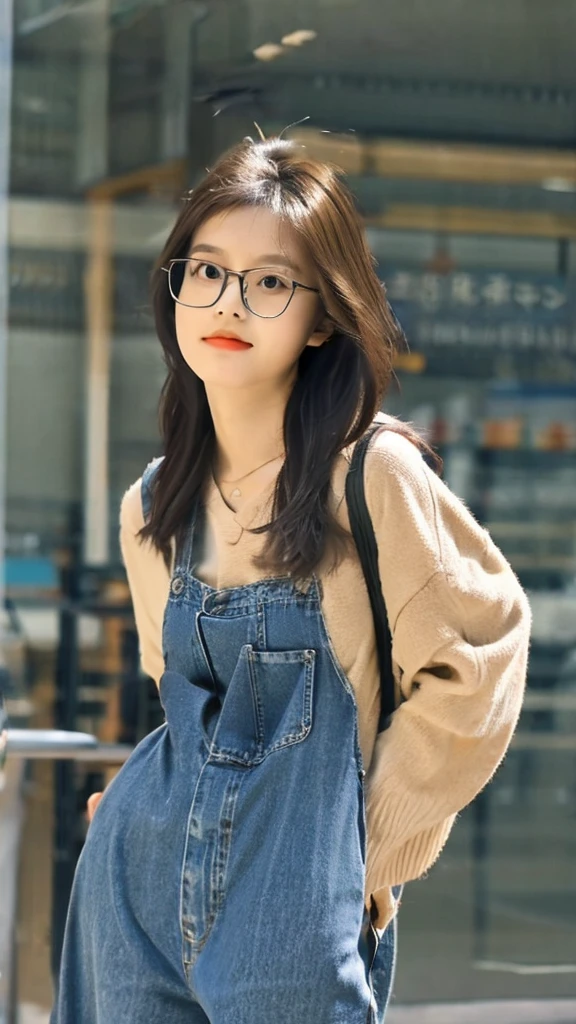 cute dark toned Chinese girl wearing glasses in jeans