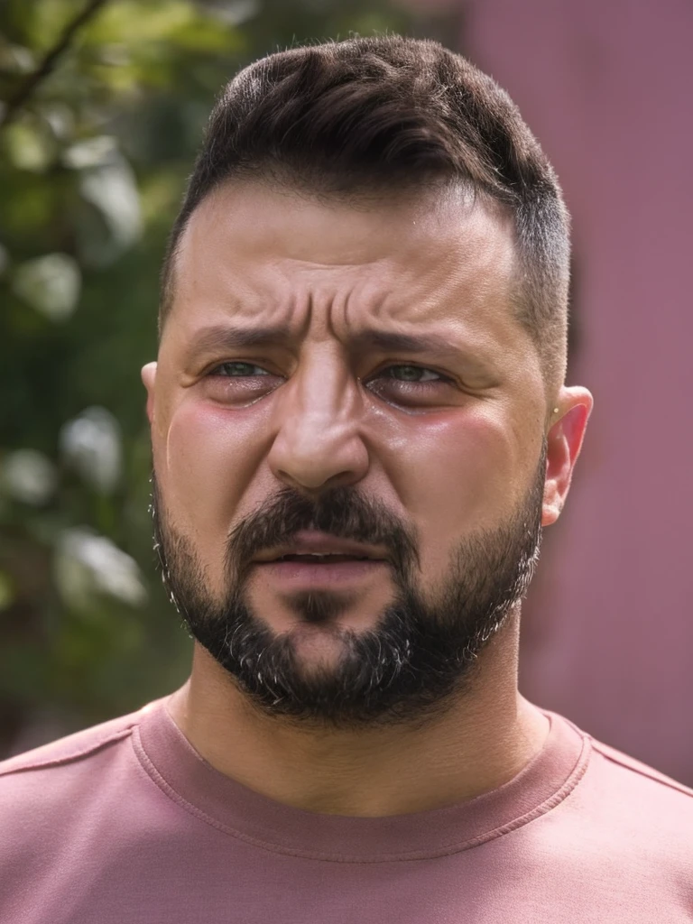 extremely detailed photo of a crying man in a pink shirt, stylish short beard, model photo shoot, 8k hd, ultra detaild, Fotografia RAW Zelenskyy