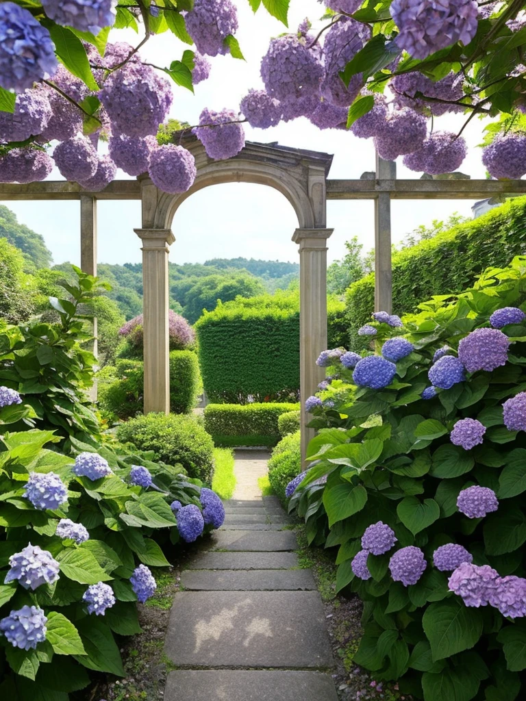 Hydrangea, lake, Small hill, wallpaper, Modern, Gothic art, Atmospheric perspective, masterpiece, Highest quality, Anatomically correct