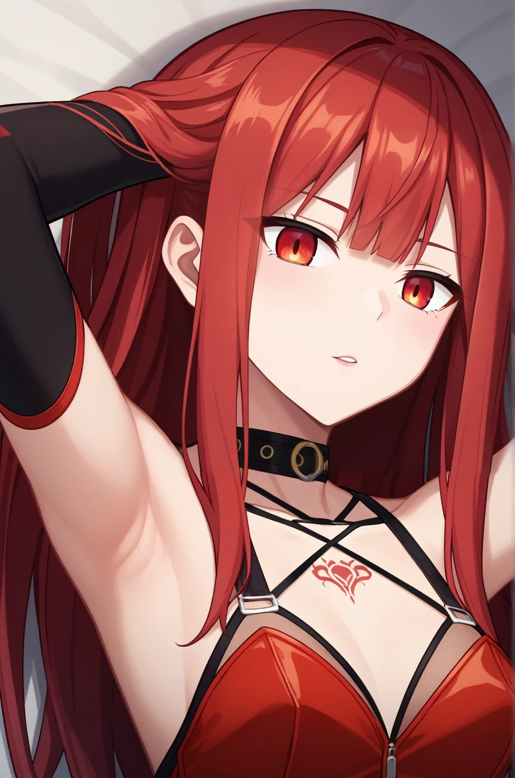 score_9, score_8_up, score_7_up, source_anime, rating_safe, intricate details, anime screencap, official style, Elesis, red hair, long hair, red eyes, gloves, choker, collarbone, bare shoulders, red vest, black elbow gloves, looking at viewer, expressionless, upper body, parted lips, hands on hair, armpits, arms up, bedroom, frontal view, from above, Naughty tattoos, Wearing a dog collar, pregnancy 