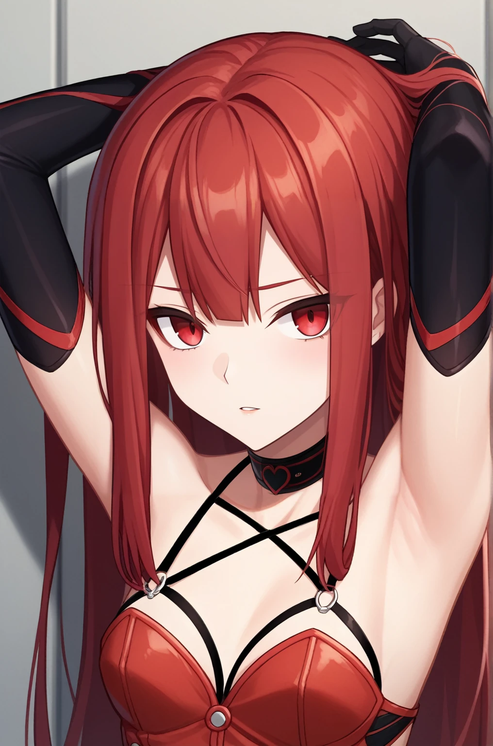 score_9, score_8_up, score_7_up, source_anime, rating_safe, intricate details, anime screencap, official style, Elesis, red hair, long hair, red eyes, gloves, choker, collarbone, bare shoulders, red vest, black elbow gloves, looking at viewer, expressionless, upper body, parted lips, hands on hair, armpits, arms up, bedroom, frontal view, from above, Naughty tattoos, Wearing a dog collar, pregnancy 