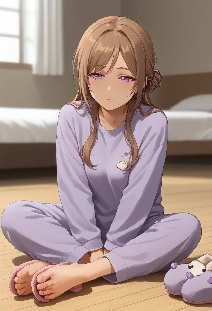score_9, score_8_up, score_7_up, score_6_up, source_anime,masterpiece, best quality, 8k, 8k UHD, ultra-high resolution, ultra-high definition, highres, shading, good_hands, himesaki rinami, purple eyes, brown hair, hair bun, long hair, sleepy, half-closed eyes, pajamas, slippers, solo, 1girl, full body, sitting on floor,