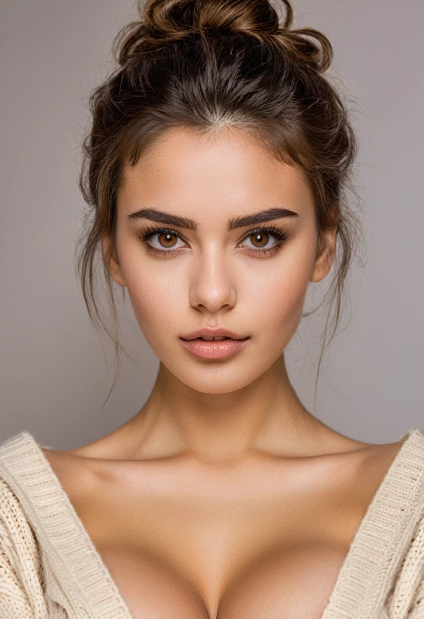 half body shot, (1 girl), updo hairstyle, extremely cute face, wonderful face and eyes, brown-honey eyes, (extremely detailed eyes, extremely detailed face), Fresh, very beautiful appearance, (super photographic, High resolution), (best quality:1.4), (hyper quality), real skin texture, Raw photo, (Reality, photorealistic:1.37), extremely detailed, professional photography, 32k sexy female models , Big breasts that are about to burst, 1 girl,sweater,background white,((latex barely)((upper body whole body)), face ultra ultra super 8k hd, skin realistic, skin so natural that it confuses the viewer