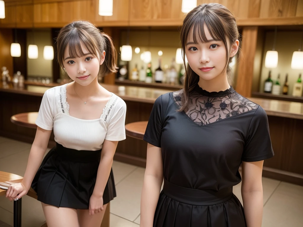 (Highest quality, masterpiece, Ultra-high resolution, 8K, RAW Photos, Realistic, Anatomically correct:1.5), (Stainless steel round bar fence:1.0, Put your elbow on the fence:1.2, high school girl、20-year-old girl:1.2, Embarrassing, avert your eyes, blush:1.0, View Viewer, ((bar)) 、Night view、 Light:1.2, Bokeh, Cinema Lighting:1.0, Depth of written boundary, sharp、 Cute face、Idol、Black short sleeve lace top、Black pleated skirt、Black clothing、”dwarf”、(Floral clothes)、Full Body Shot、Cowboy Shot、 smile、(Ultra short hair、Short ponytail)、(Straight bangs)、((See-through))、